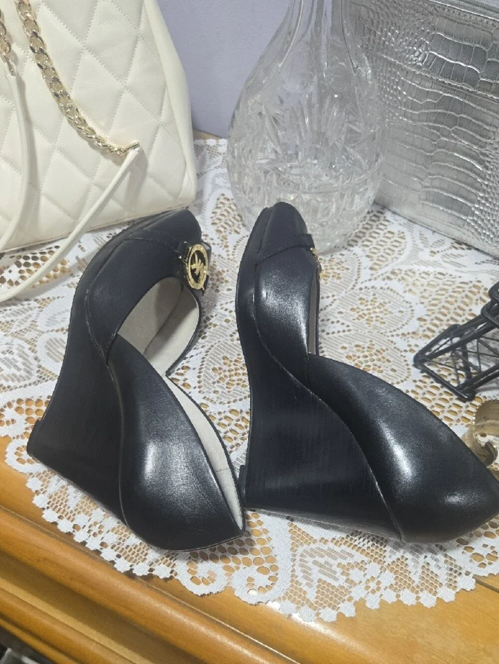 Michael Kors Black Peep-Toe Wedge with Gold MK Emblem